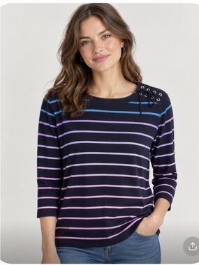 Talbots Navy Striped Long-Sleeve Top with Lace-Up Shoulder. NWOT
